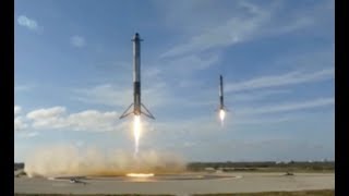 Touchdown Two Falcon Heavy Boosters Land Status on 3rd Pending [upl. by Sneed]