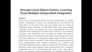 Unsupervised Object Centric Learning From Multiple Unspecified Viewpoints [upl. by Nelluc]