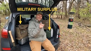 Military Surplus SUV Overnight Camp FEMA Disaster Blanket M1950 Stove Mountain Cookset [upl. by Ttreve]