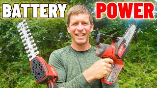 Battery Powered Handheld Lawn Care Equipment in Action Pole Saw Hedge Trimmers amp Blower [upl. by Rech]