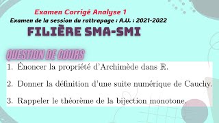 Correction du Rattrapage du module danalyse 1 SMASMI FSDM AU  20212022  Question de cours [upl. by Adnovay218]