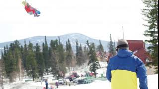 Russia Sheregesh 18 april 2018 Unrecognisable snowboarder skiing in the slope of ski resort [upl. by Tiertza]