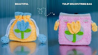 How To Crochet Tulip Drawstring Bag  Easy Crochet For Beginner [upl. by Jordon]