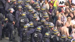 Scuffles as French union members rally in Paris [upl. by Lexerd29]