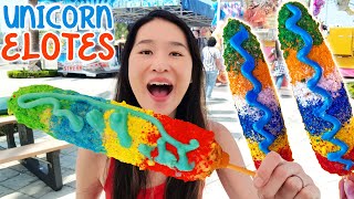 Eating Unicorn Elotes at LA County Fair Colorful Rainbow Corn Carnival amp Street Food  Mukbang [upl. by Einhpets]