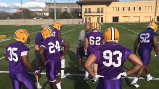 New LSU defensive coordinator Dave Aranda teaching a ball strip drill [upl. by Alimak]