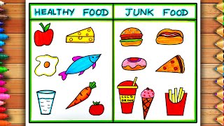 Healthy Food And Unhealthy Food Drawing  Healthy Food vs Junk Food Drawing  World Food Day Poster [upl. by Nwahsram]