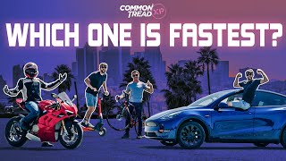 Race Across the City Bike vs Car vs Motorcycle vs Scooter  Common Tread XP [upl. by Anyad622]