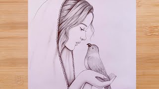 How to draw A girl with a parrot  step by step  Pencil Sketch for beginners [upl. by Susette]