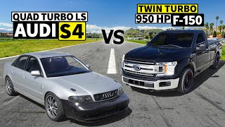 QUAD TURBO LSswapped Audi S4 vs Twin Turbo F150 in No Prep Drag Racing [upl. by Brande]