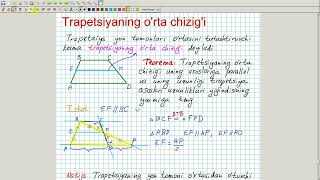 Trapetsiyaning orta chizigi Geometriya 8sinf 15dars [upl. by Gilletta487]