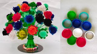 Recycle Waste Plastic Bottle capsDIY Bottle Vase craftBotal ki Dakkan Se Guldasta Banane ki vidhi [upl. by Arykahs]