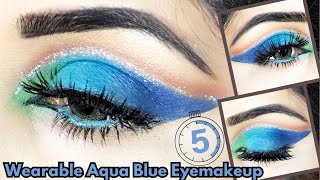 Wearable Aqua Blue Soft Glam Eye Makeup Tutorial  affordable Blue Eye makeup for all occasions [upl. by Marvel813]