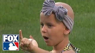 Mike Aviles daughter throws out first pitch while recovering from Leukemia [upl. by Suoirred]