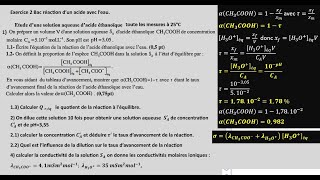 Exercice 2Bac réaction acide avec l’eau taux d’avancement quotient de réaction mesure conductivité [upl. by Aneehsak]