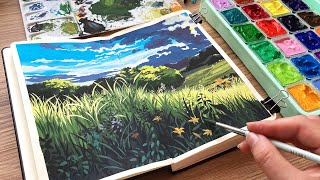 Studio Ghibli Landscape Painting Himi Jelly Gouache Unboxing  New Sketchbook ✨ [upl. by Treboh]