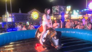 Tattooed Girl Riding Benidorm Bull  Hot Bull Riding [upl. by Darcie527]