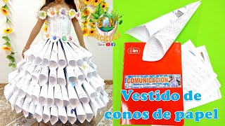 ¡SUPER FÁCIL DE HACER Vestido de reciclaje hecho con conos de papel de cuadernos usados paso a paso [upl. by Loughlin]