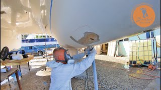 Double Sided Fibreglass Repair  Part 1S2 E46 Barefoot Sail and Dive [upl. by Anirtep]