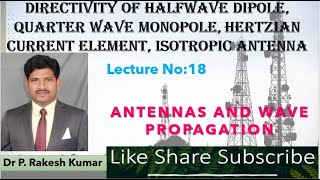 Directivity of Halfwave Dipole Quarter wave Monopole Hertzian Current element Isotropic Antenna [upl. by Nawud]