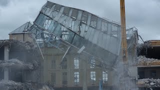 Wigan Watch 220823 The Galleries Demolition monumental shot of Canopy amp Miners clock disappearing [upl. by Maryanna]