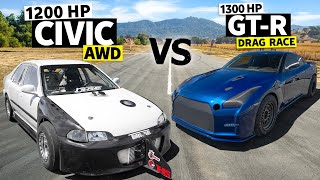 1200hp AWD Honda Civic vs 1300hp Nissan GTR No prep Drag Race [upl. by Eelsha421]