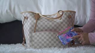 Whats in my travel bag  Louis Vuitton Neverfull MM Damier Azur [upl. by Ardnaxela]