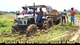 Eicher 480 4wd tractor load trolley stuck in mud  Help with Massey Ferguson 246 4wd tractor 💪 [upl. by Morell]