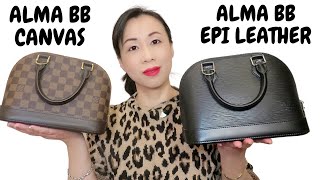 LOUIS VUITTON ALMA BB DAMIER EBENE VS EPI LEATHERMod shots What fits Which one to choose [upl. by Noivert219]