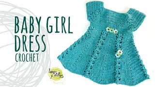 Tutorial Easy Crochet Baby Girl Dress with Flowers  Lanas y Ovillos in English [upl. by Lew912]