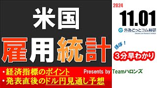 ドル円見通しズバリ予想、３分早わかり「米雇用統計」2024年11月1日発表 [upl. by Anined]