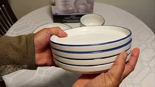 Unboxing Mainstays 12Piece Blue Rim Stoneware Dinnerware Set  walmart [upl. by Sheelah295]