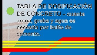 TABLA DE DOSIFICACIÓN DE CONCRETO – cuanta arena grava y agua se necesita por bulto de cemento [upl. by Reo83]