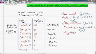 Secondaire 3 Québec Statistique  78 moyenne médiane et mode de données groupées en classes [upl. by Saberio]