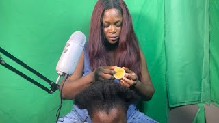 ASMR✨SOFT WHISPER SHEA BUTTER HAIR AND SCALP MASSAGE ON MY COUSIN WITH GUM SOUND [upl. by Nylanaj]