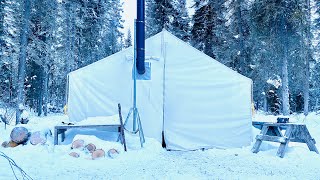 Winter camping overnight in a canvas tent with a wood stove [upl. by Karna318]