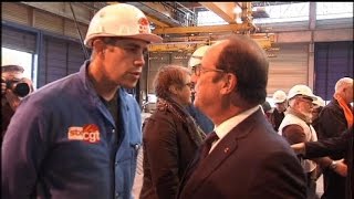 François Hollande pris à partie par un militant CGT sur les chantiers de SaintNazaire [upl. by Raknahs728]