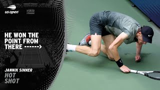 Jannik Sinner Wins UNBELIEVABLE Point After Falling Over  2024 US Open [upl. by Charity645]