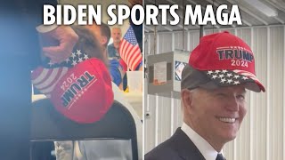 Moment Joe Biden jokingly tries on Trump MAGA hat at Pennsylvania event as a unity gesture [upl. by Naesar]