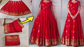 Anarkali dress cutting amp stitching easily   Convert saree into long gownfrockdress  Saree reuse [upl. by Nicoli]