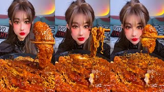 ASMR MUKBANG NOODLES WITH CHICKEN  EATING FIRE NOODLES SPICY FOOD CHALLENGE [upl. by Adnamas]