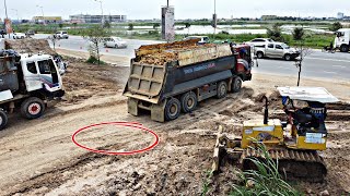 Powerful SHANTUI DH17c3ampKomatsu Bulldozers talented skill with 255T Dump truck pouring soil rocky [upl. by Ashwin]