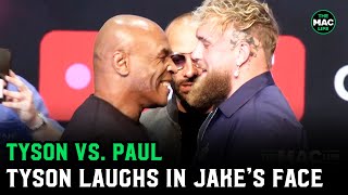 Mike Tyson vs Jake Paul Tyson Laughs In Jakes Face  Face Off [upl. by Toma]