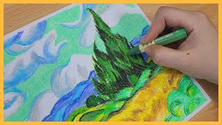 다이소 크레파스로 명화 따라그리기 고흐 그림  Van Gogh wheat field with cypresses Cheap crayons painting [upl. by Artaed581]