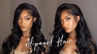 WATCH ME INSTALL THIS JET BLACK BODY WAVE LACE FRONTAL WIG  BOMBSHELL SIDE PART l Ft Alipearl Hair [upl. by Matelda]