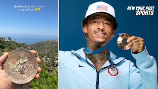 Olympics skater Nyjah Huston shows off his bronze medal but not for the right reason [upl. by Enaek]