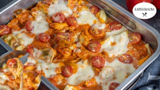 Tortellini Auflauf  Tomate Sahne Soße mit Mozzarella  einfach amp schnell  vegetarisches Rezept [upl. by Lemhar]