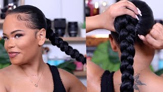 SUPER SLEEK LONG BRAIDED PONYTAIL ON NATURAL HAIR  Protective Style  Arnellarmon [upl. by Attekram]