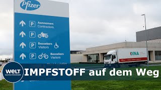 CORONAIMPFUNG BiontechPfizer Impfstoff auf dem Weg nach Deutschland [upl. by Shirk]