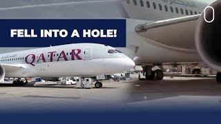 Qatar Airways Boeing 787 Falls Into Drain Hole Engine Damaged [upl. by Crescen977]